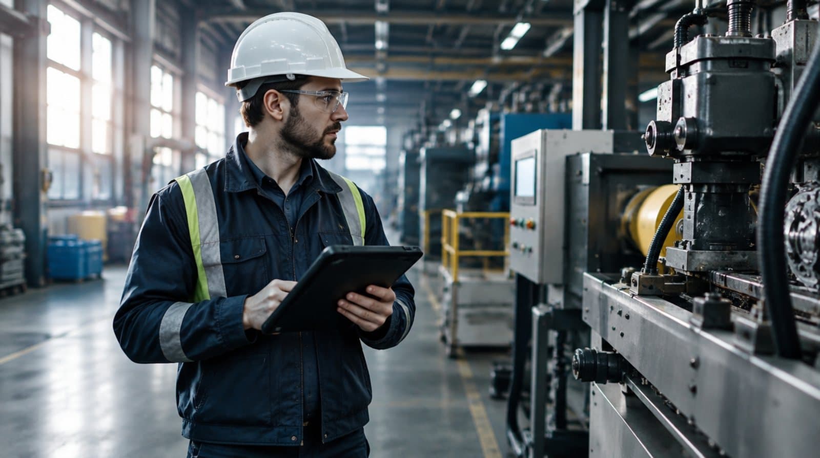 Technicien avec une tablette en usine